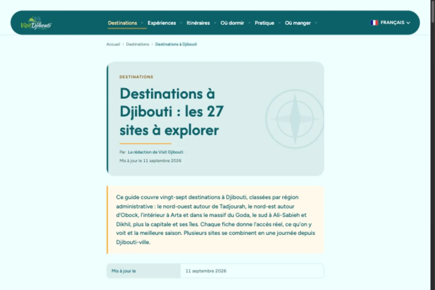 Rubrique Destinations de Visit Djibouti, consultée le 19 septembre 2026.